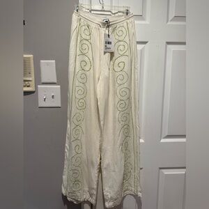 Cream Linen Pants with Green Swirl Embroidery